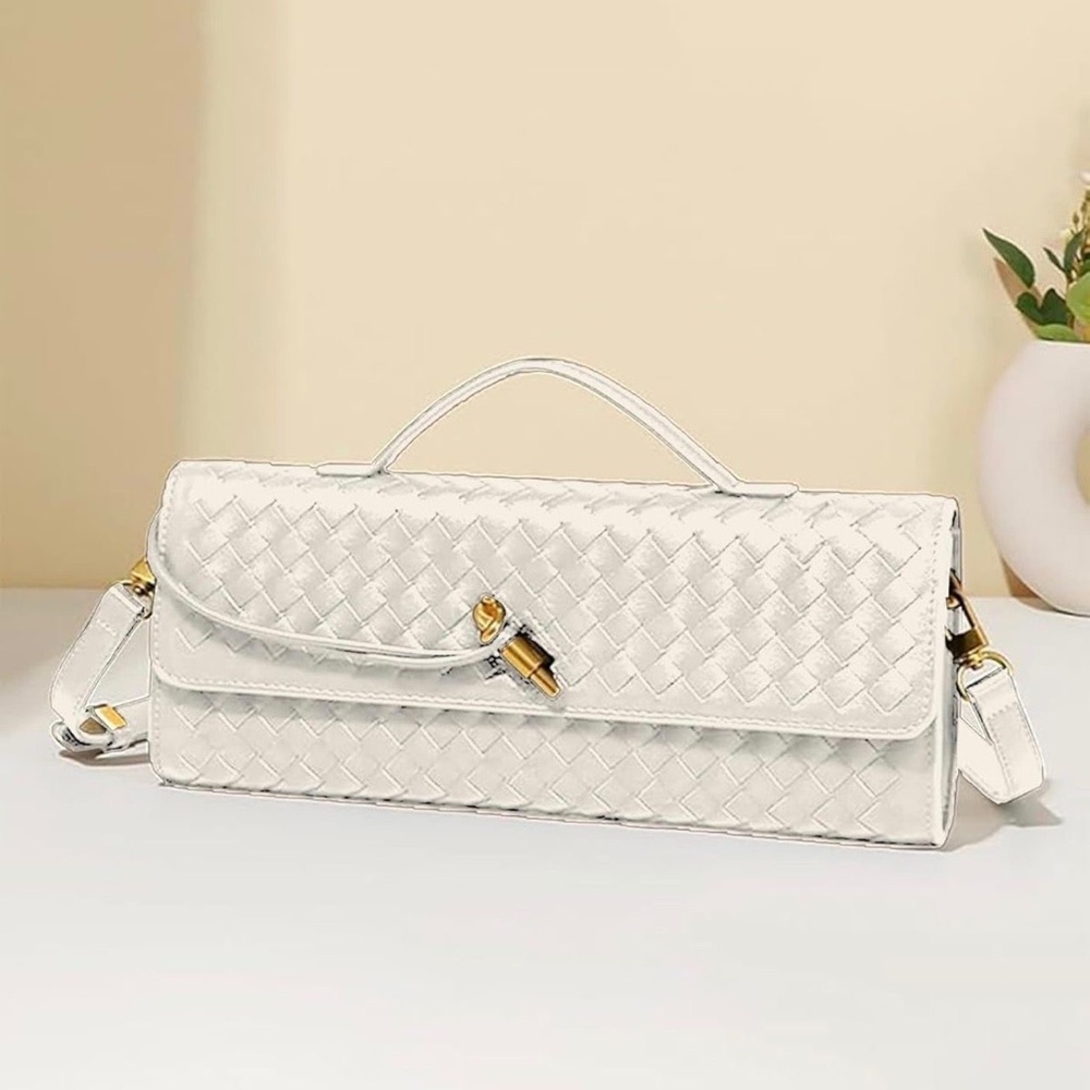 Silver Woven Leather Clutch with Gold Turnlock - Picture 4 of 8
